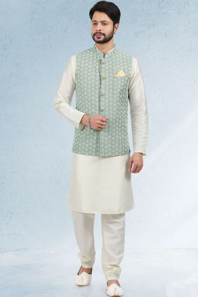 Embroidered Art Silk Mehendi Green Nehru Jacket (KFM-6471)