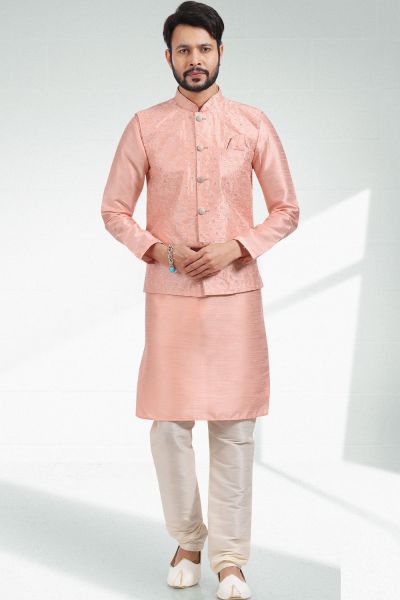 Embroidered Art Silk Peach Mens Nehru Jacket (KFM-6476)