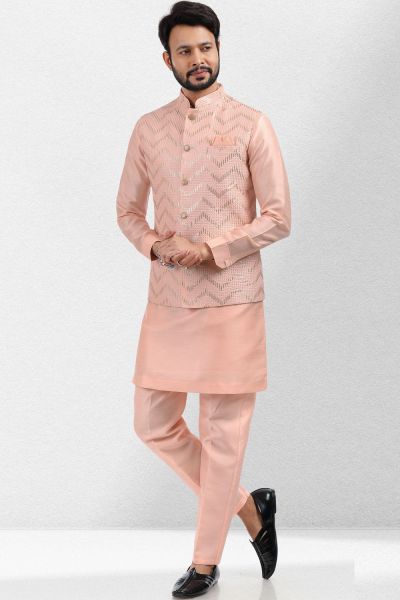 Embroidered Art Silk Peach Nehru Jacket (KFM-6581)