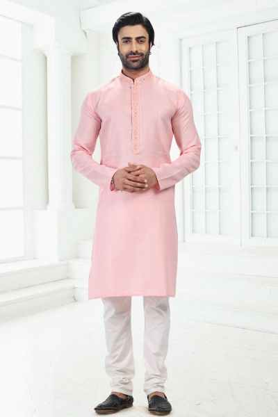 Embroidered Linen Cotton Kurta Pajama in Pink (KFM-6646)