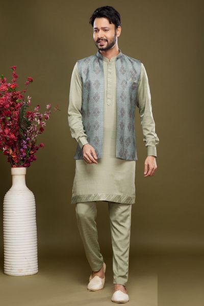 Green Art Silk Digital Printed Jacket Kurta (KFM-7092)