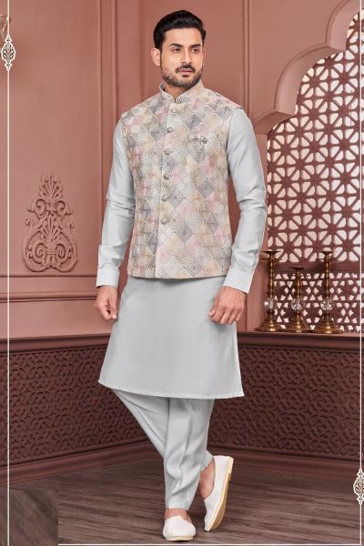 Grey Art Banarasi Silk Nehru Jacket (KFM-7439)