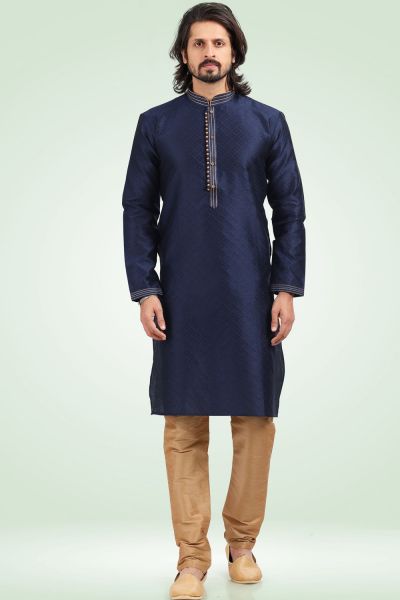 Jaquard Banarasi Silk Blue Mens Kurta Pajama (KFM-6447)