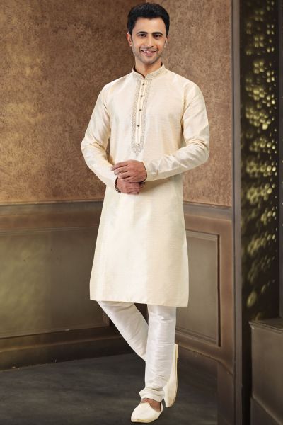 Jaquard Banarasi Silk Cream Kurtas for Men (KFM-6615)