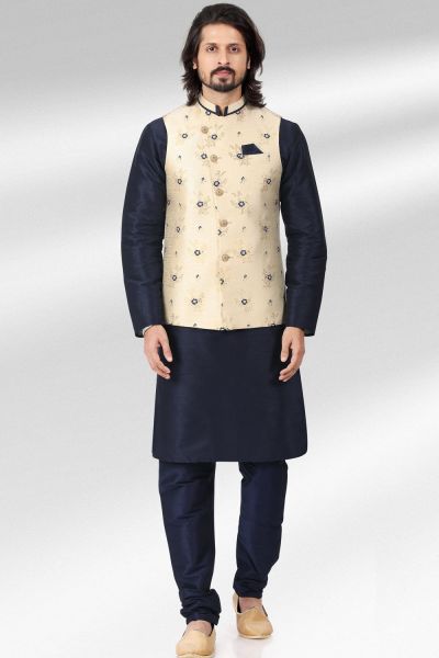 Jaquard Banarasi Silk Cream Mens Nehru Jacket (KFM-6487)