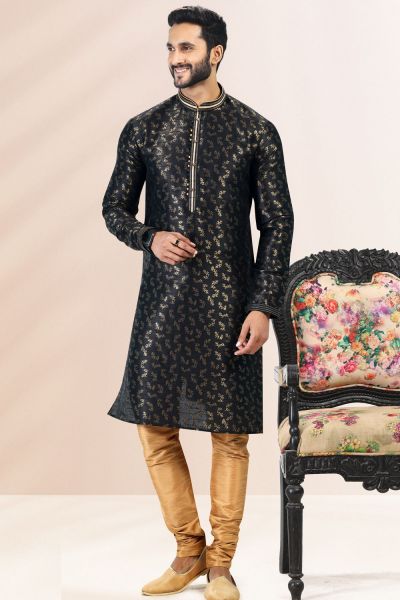 Jaquard Banarasi Silk Kurta in Black (KFM-6635)