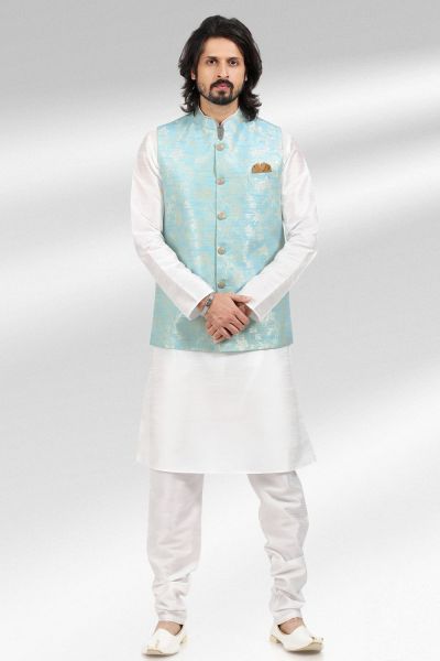 Jaquard Banarasi Silk Mens Nehru Jacket in Blue (KFM-6477)