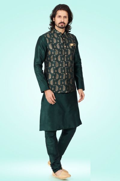 Jaquard Banarasi Silk Nehru Jacket in Green (KFM-6488)