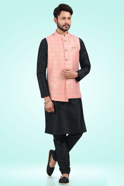 Jaquard Banarasi Silk Nehru Jacket in Pink (KFM-6482)