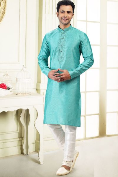 Jaquard Banarasi Silk Teal Green Mens Kurta (KFM-6607)