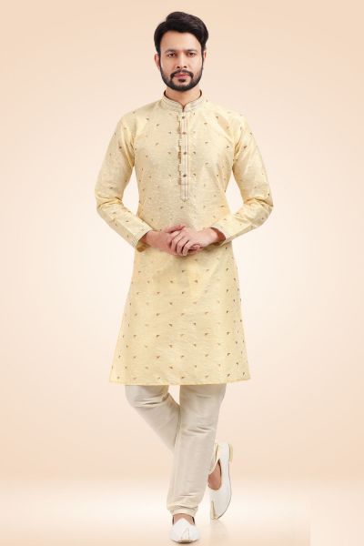 Jaquard Silk Brocade Cream Kurta Pajama (KFM-6432)