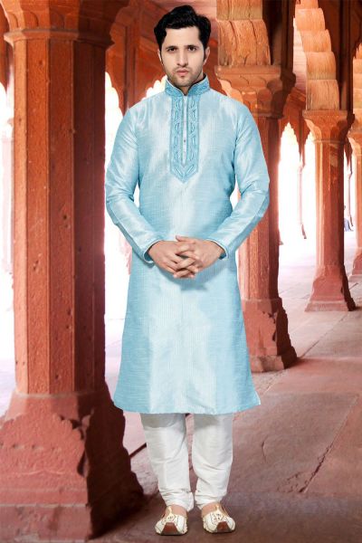 Light Blue Art Dupion Kurta Pajama (KFM-2951)