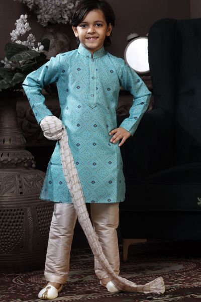 Light Blue Cotton Printed Boys Kurta (KFK-745)