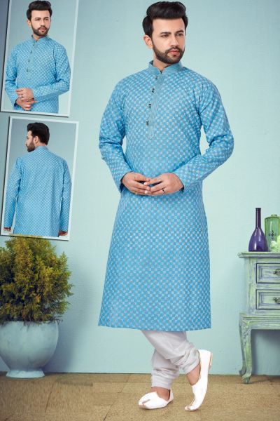 Light Blue Printed Cotton Silk Kurta Pajama (KFM-4834)