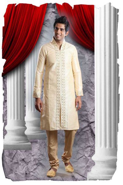 Light Gold Art Dupion Kurta Pajama (KFM-1354)