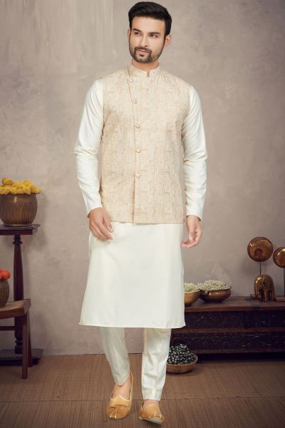 Light Gold Cotton Mens Nehru Jacket (KFM-6952)