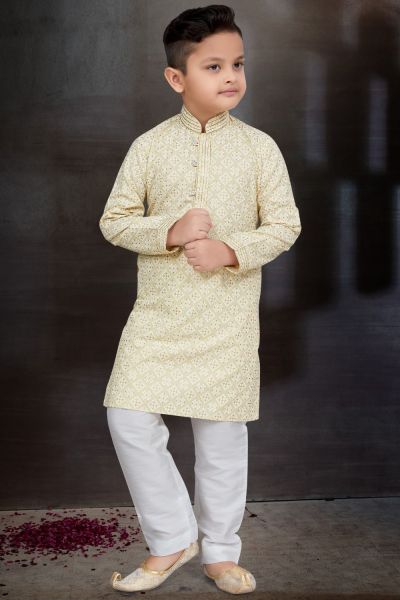 Light Gold Cotton Printed Boys Kurta Pajama (KFK-779)