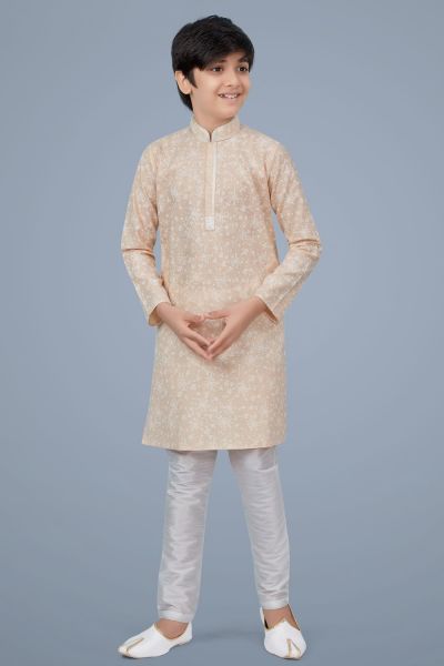 Light Peach Printed Cotton Silk Boys Kurta Pajama (KFK-709)