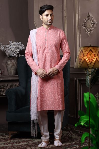 Light Peach Silk Mens Kurta Pajama (KFM-6063)
