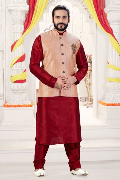 Maroon Art Silk Jacket Style Kurta Pajama (KFM-4265)