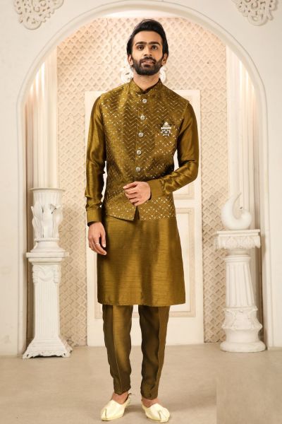 Mustard Art Banarasi Silk Nehru Jacket (KFM-6334)