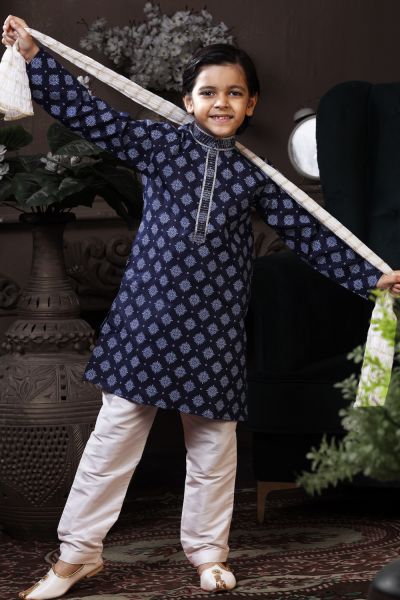 Navy Blue Cotton Printed Kurta for Boys (KFK-769)