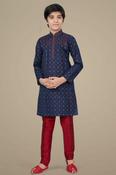 Navy Blue Cotton Silk Boys Kurta Pajama (KFK-701)