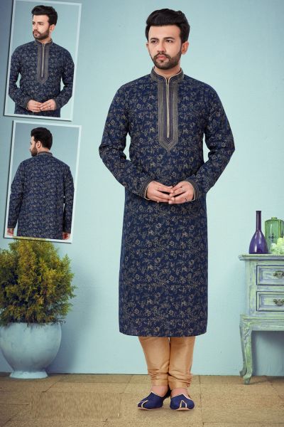 Navy Blue Printed Cotton Silk Casual Kurta (KFM-4826)