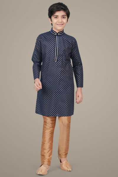 Navy Blue Printed Cotton Silk Kurta for Boys (KFK-692)