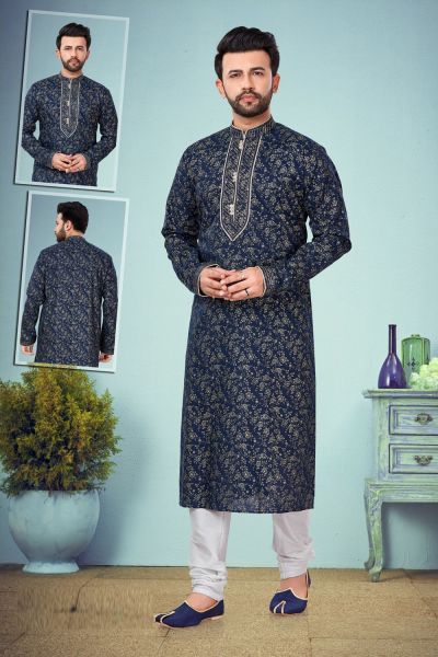 Navy Blue Printed Cotton Silk Kurta Pajama (KFM-4837)