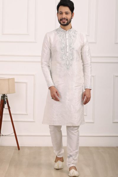 Off White Art Banarasi Silk Mens Kurta Pajama (KFM-7008)