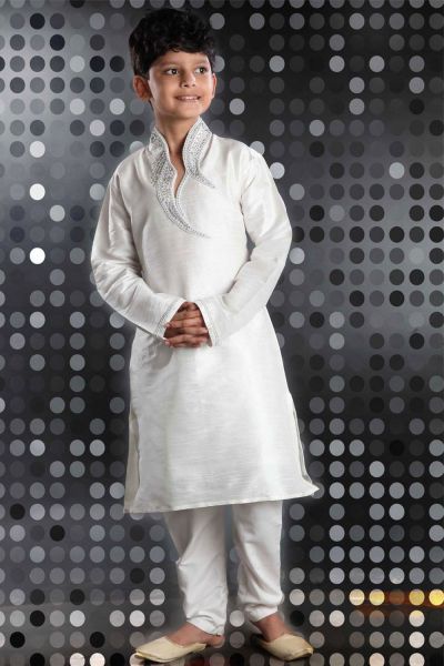 Off White Art Dupion Kids Kurta Pajama (KFK-221)