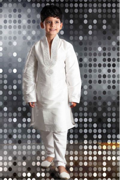 Off White Art Dupion Kids Kurta Pajama (KFK-236)