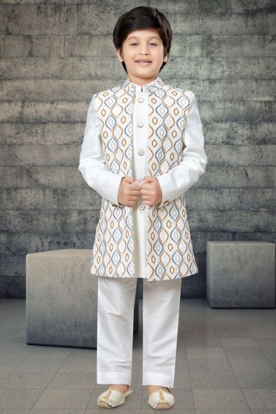 Off White Art Silk Boys Kurta Pajama with Long Jacket (KFK-803)