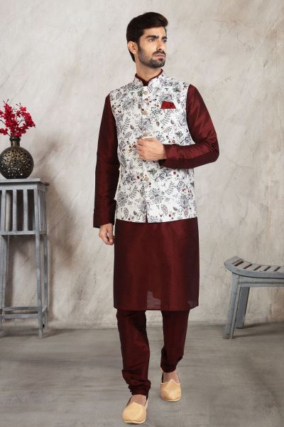 Off White Banarasi Silk Nehru Jacket (KFM-5677)