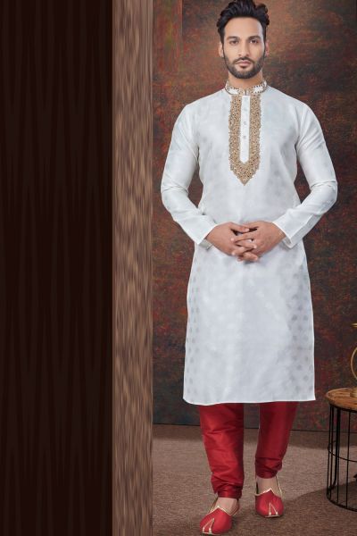 Off White Jaquard Kurta for Men (KFM-7836)