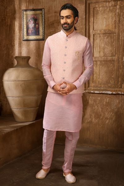 Pink Art Banarasi Silk Mens Nehru Jacket (KFM-6309)