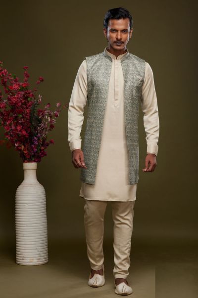 Pista Green Art Silk Digital Printed Jacket Kurta (KFM-7086)