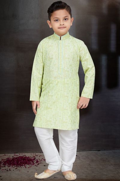 Pista Green Cotton Printed Boys Kurta Pajama (KFK-776)