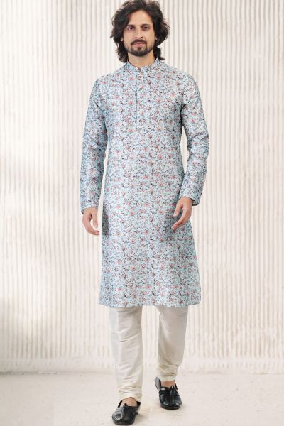 Printed Sky Blue Jaquard Banarasi Silk Kurta (KFM-6721)