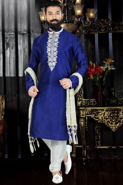 Royal Blue Art Dupion Kurta(KFM-3378)