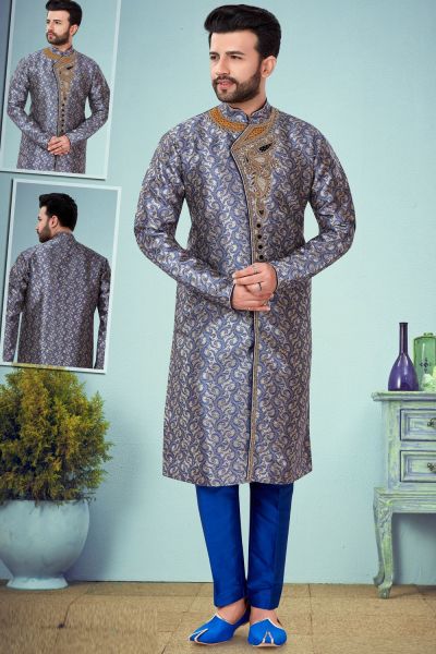 Royal Blue Banarasi Jaquard Kurta Pajama (KFM-4871)