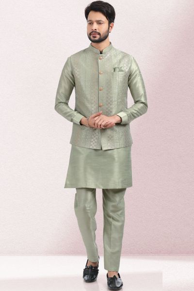 Thread work Art Silk Pista Green Nehru Jacket (KFM-6578)