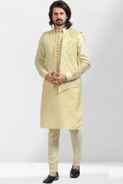 Thread work Art Silk Yellow Nehru Jacket (KFM-6577)