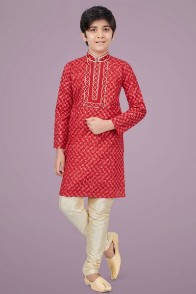 Tomato Red Printed Cotton Silk Boys Kurta Pajama (KFK-689)