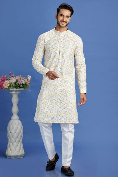 Yellow Cotton Embroidered Kurta Pajama (KFM-7522)