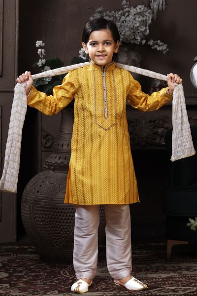 Yellow Cotton Printed Boys Kurta Pajama (KFK-763)