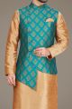 Beige Art Silk, Blue Jaquard Nehru Jacket (KFM-5137)