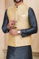 Beige Jaquard Banarasi Silk Nehru Jacket (KFM-6919)