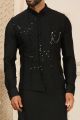 Black Art Silk with Mirror Work Nehru Jacket (KFM-6338)